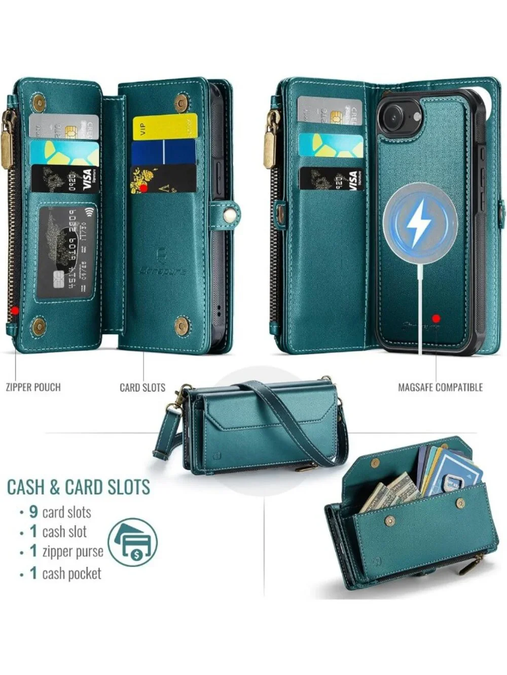 Magnetic Wallet Phone Case for iPhone 17e/16e - Stylish Blue Green Strap Case